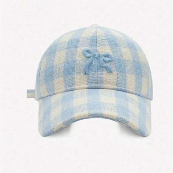 Adjustable Checkered Light Pink + White Embroidered Bowknot Baseball Cap OS New - Picture 7 of 11